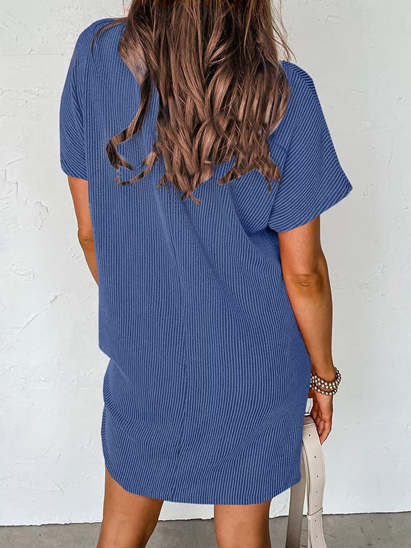 A-line Loose Contrast Color Pockets Split-joint Striped Round-neck Mini Dresses