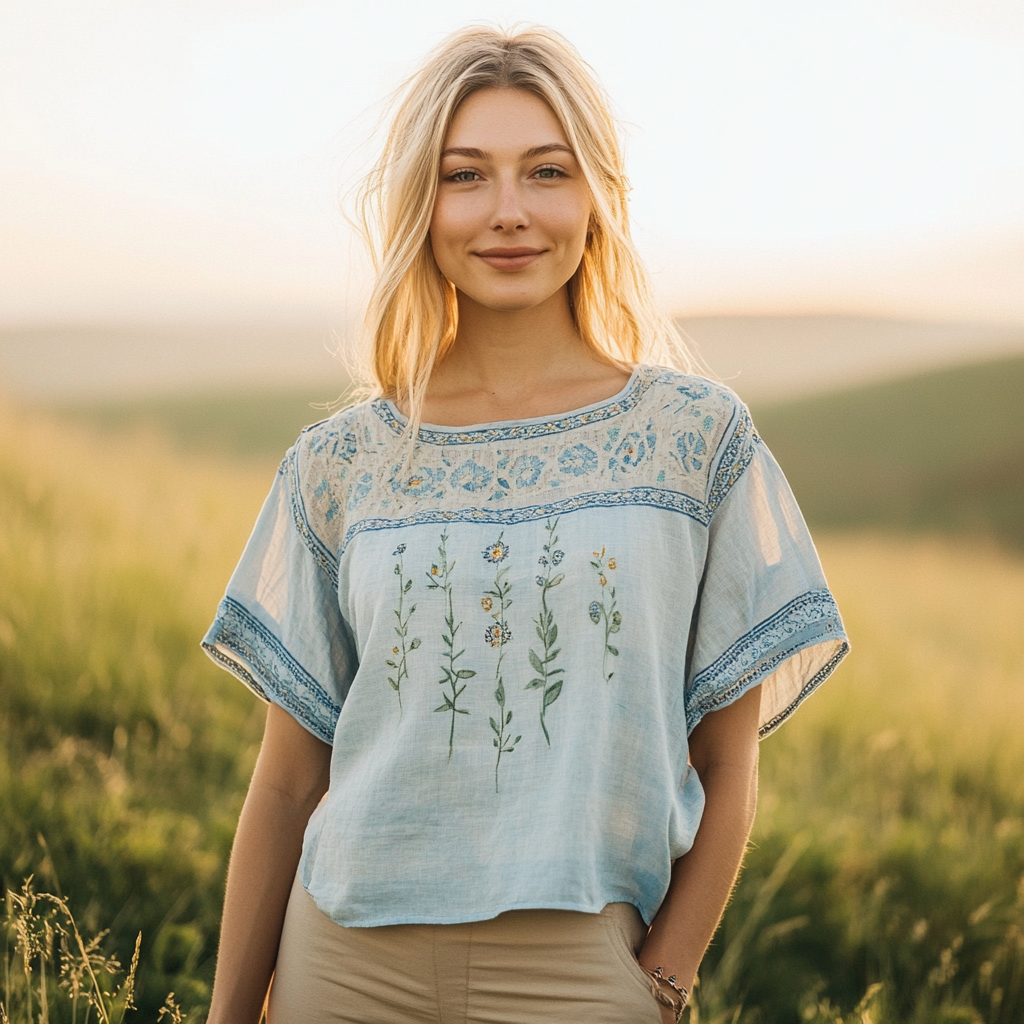 Retro Bohemian Floral Embroidery Art Graphics Linen Blend T-shirt elevenforest