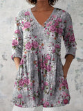 Women's Retro Floral Art Print Casual Cotton And Linen V-neck Top