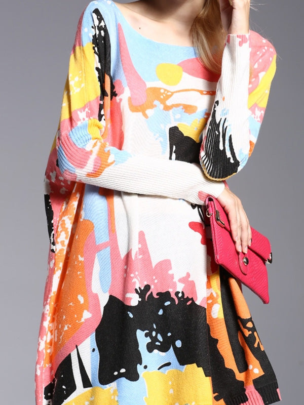 Wool Blend Contrast Color Printed Sweater