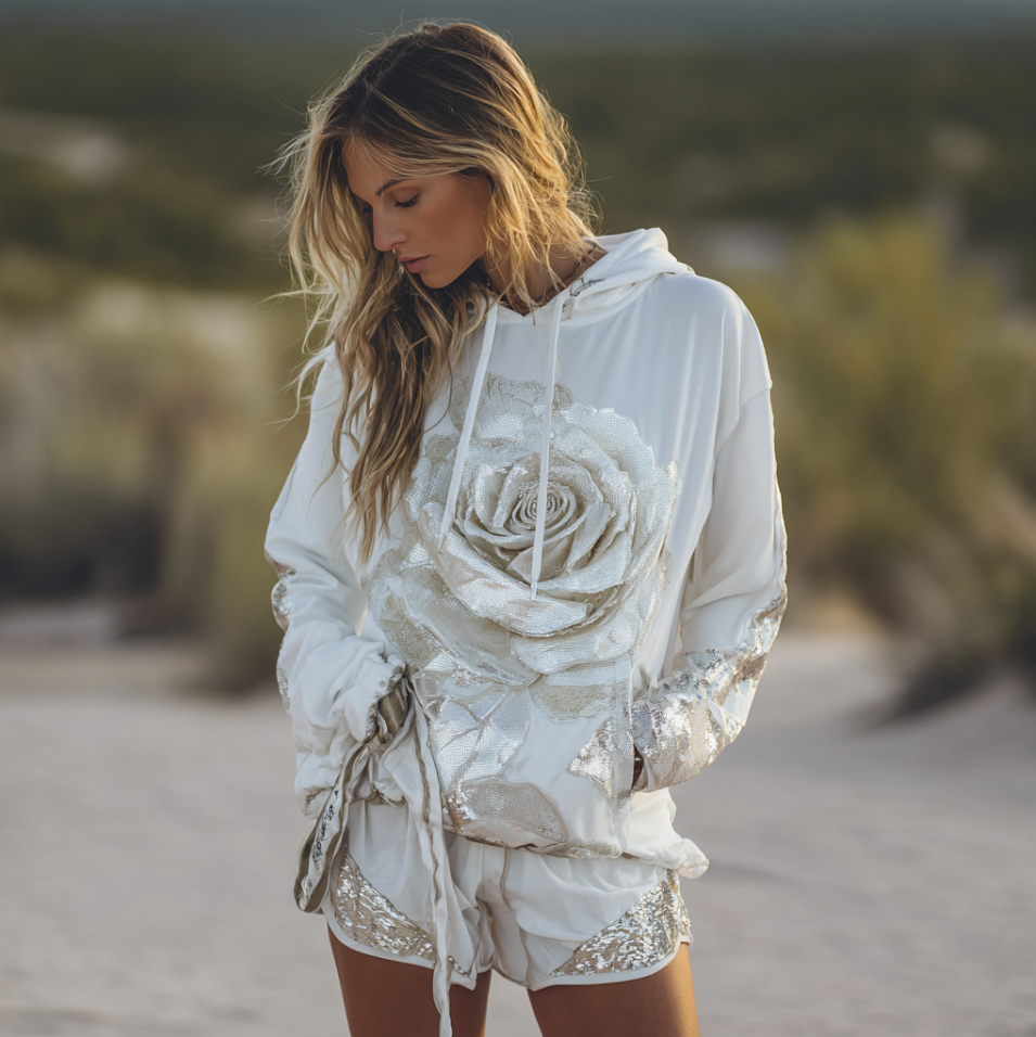 Bohemian Style 3d Pink Rose With Sequins Women's Hooded Long-sleeve Sweatshirt elevenforest