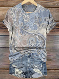 Women's Vintage Paisley Flower Pattern Print Crew Neck T-shirt