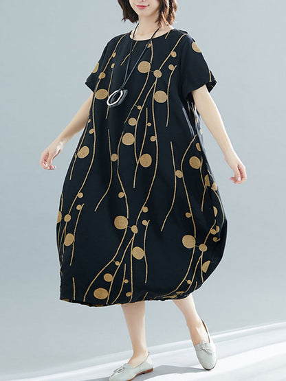 Loose Short Sleeves Printed Round-neck Midi Dresses