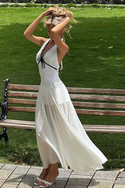 Print Polka Dot Backless Tie Maxi Dress