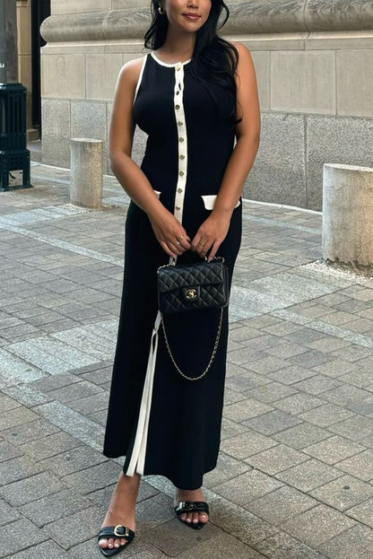 Slim Fit Crew Neck Buttoned Sleeveless Knit Midi Dress