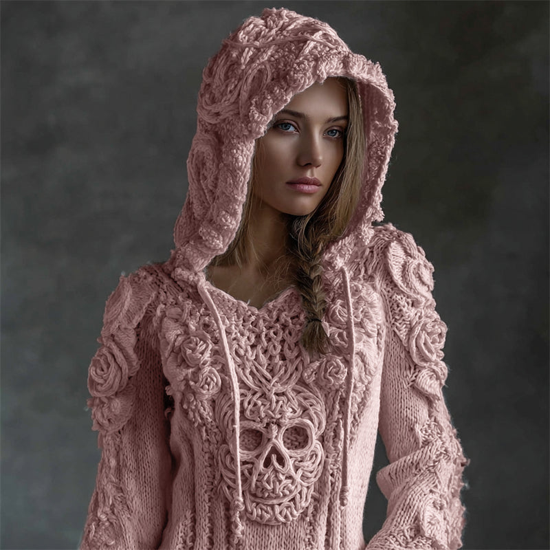 Vintage White Roses Viking Celtic Skull Hooded Cozy Knit Sweater elevenforest