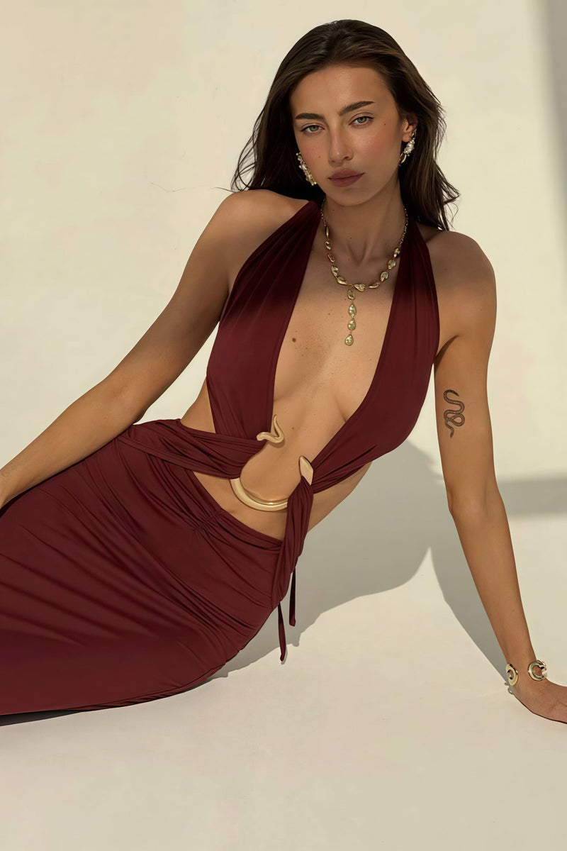 Halter Deep V Neck Backless Metal Maxi Dress