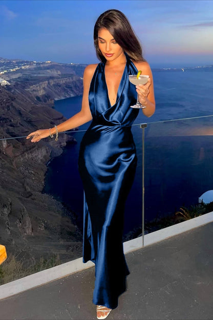 Halter Cowl Neck Backless Maxi Dress