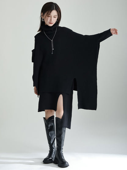 Long Sleeves Loose Color High-neck Shawl&sweater Dresses Two Pieces Set