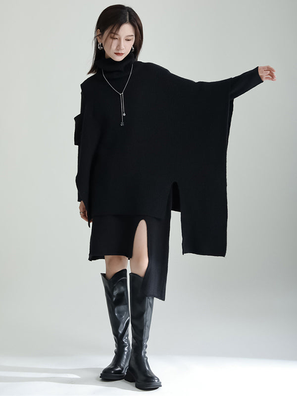 Long Sleeves Loose Color High-neck Shawl&sweater Dresses Two Pieces Set