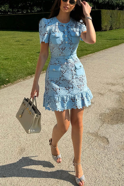 Beauty Embroidered Lace Jewel Buttons Pocket Belted Mini Dress