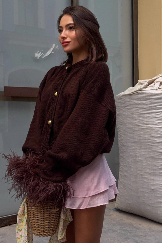 Button Accented Feather Paneled Sweater