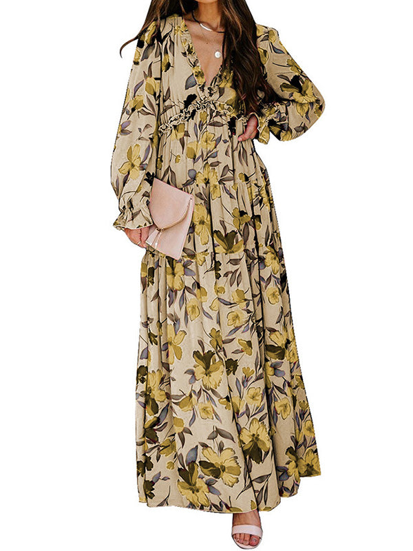 High Waisted Long Sleeves Flower Print Pleated Ruffled V-neck Maxi Dresses