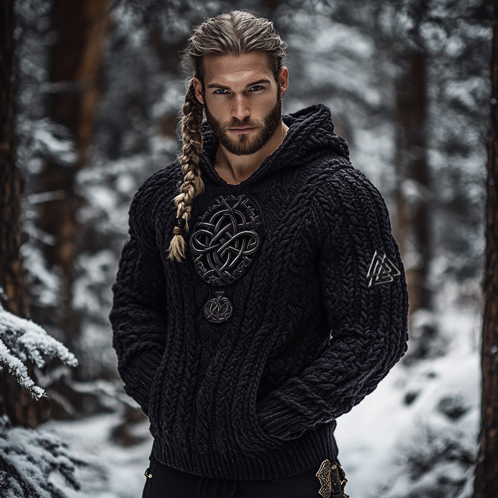 Men's Viking Tribal Jacquard Celtic Inspired Chunky Knit Hooded Sweater elevenforest
