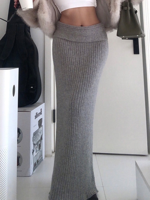 Grey Turned Waist Low Rise Maxi Skirt