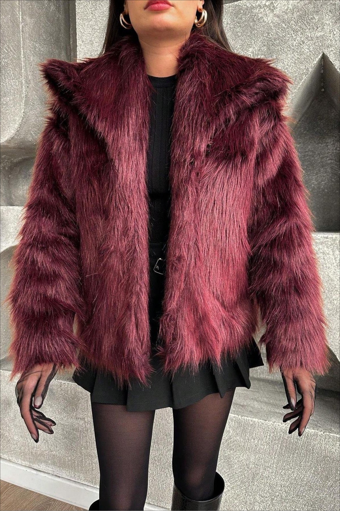 Plush Color Faux Animal Fur Warm Notch Collar Coat