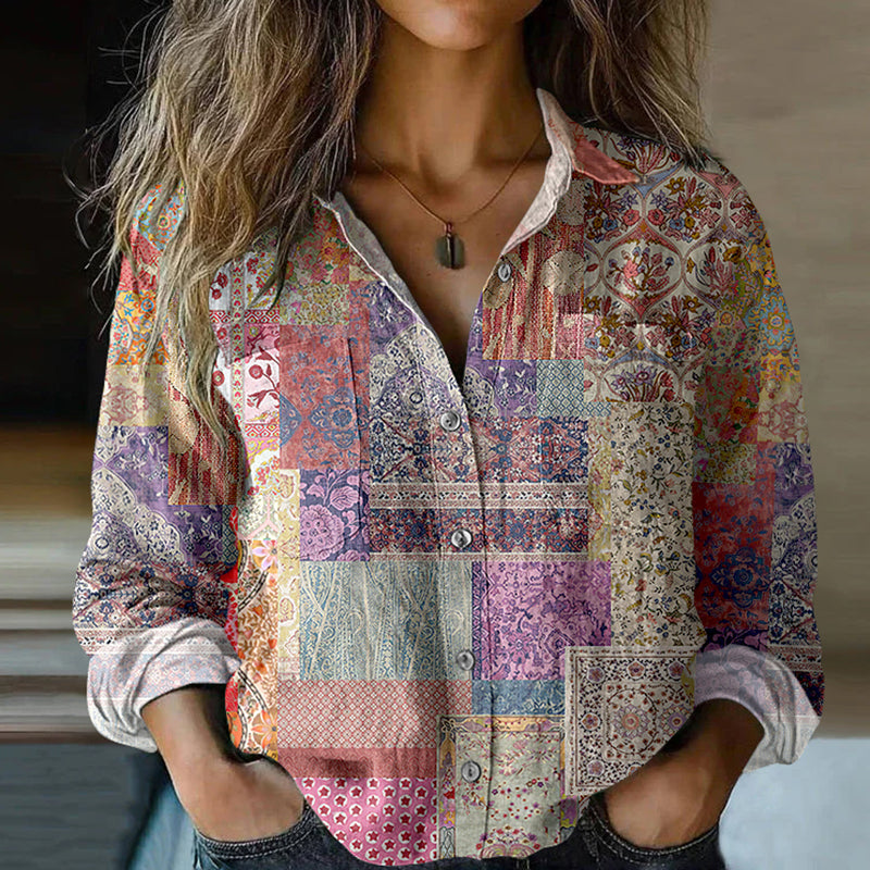 Vintage Violet Patchwork Art Cotton Linen Shirt elevenforest