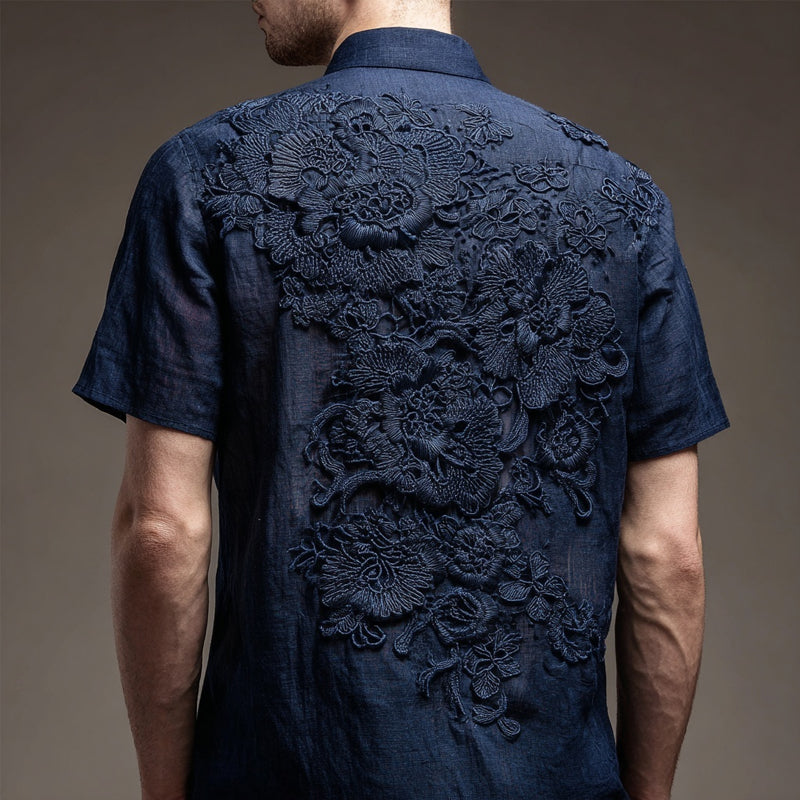 Men's Floral Lace Embroidered Casual Linen Shirt elevenforest