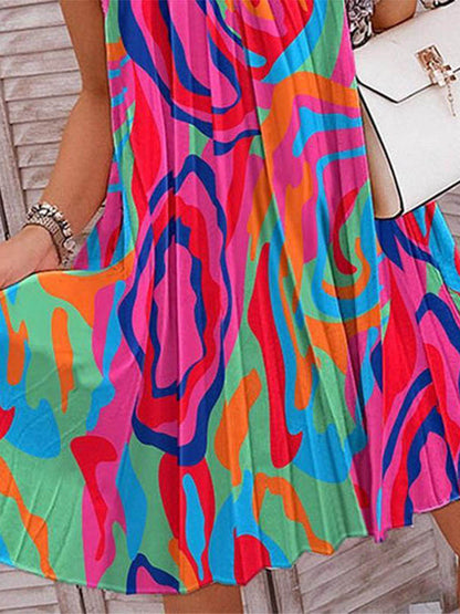 Loose Pleated Printed Halter-neck Mini Dresses Short Dresses