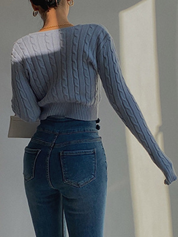 Color Cropped Cable Knit Cardigan