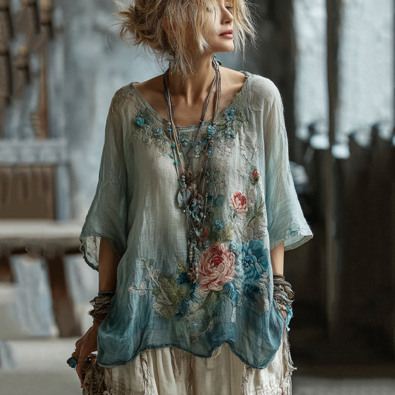 Classy Vintage Gradient Japanese Blossoms Embroidered Cotton And Linen Shirt elevenforest