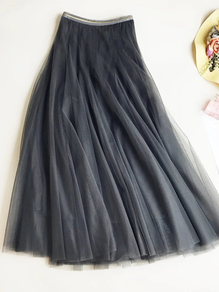Summer Mesh Pleated Skirt High Waist a Line Tulle Skirts Long Maxi Tutu Skirt Holiday Beach Tulle Skirt