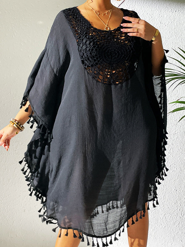 Batwing Sleeves Loose Hollow Color Sun Protection Tasseled Round-neck Cover-ups Tops Midi Dresses