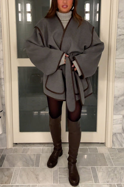 Open Front Pocketed Splice Coat With Belt