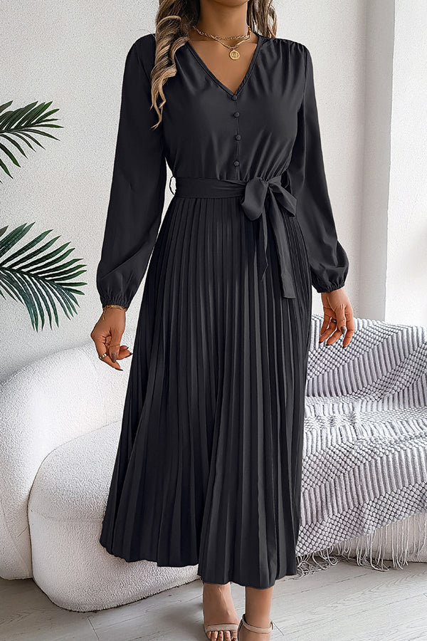 Color V-neck Buttoned Lace-up Pleated Maxi Dress