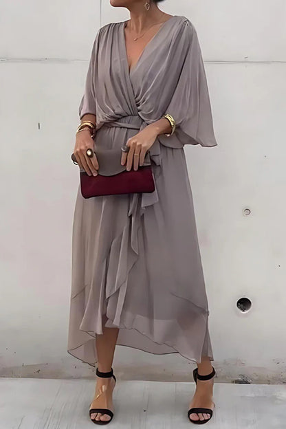 Color V-neck Bat Sleeve Lace-up Irregular Hem Midi Dress