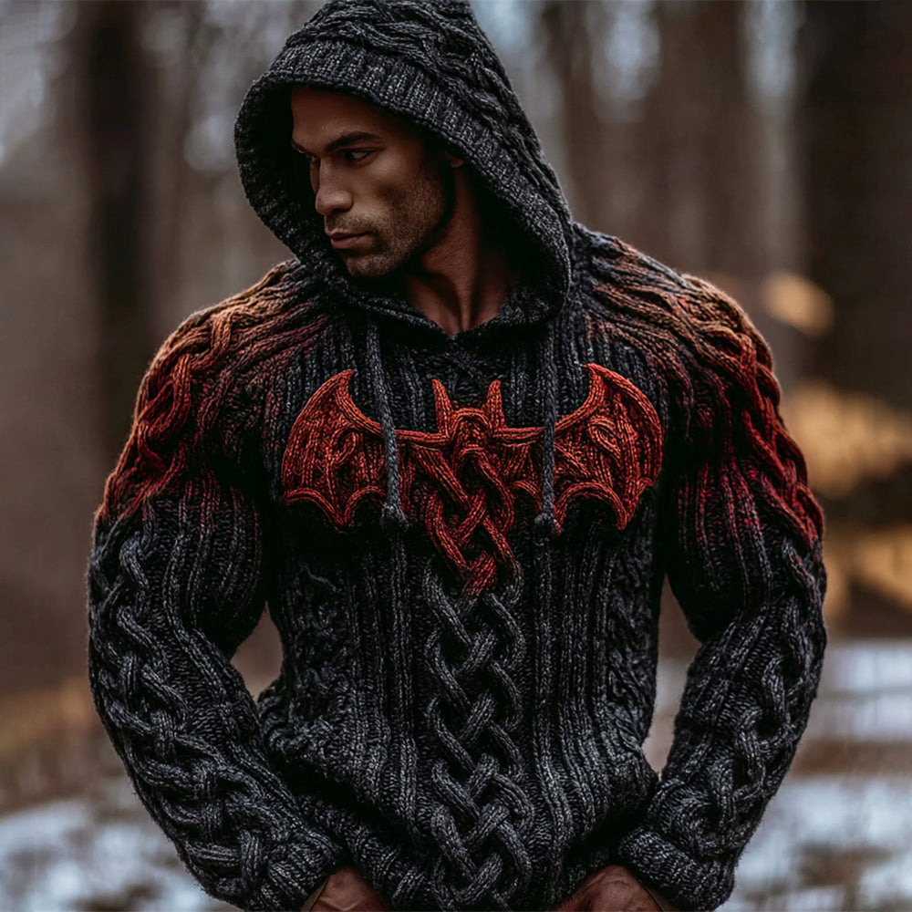 Halloween Bat Gradient Men's Chunky Knit Hooded Sweater elevenforest