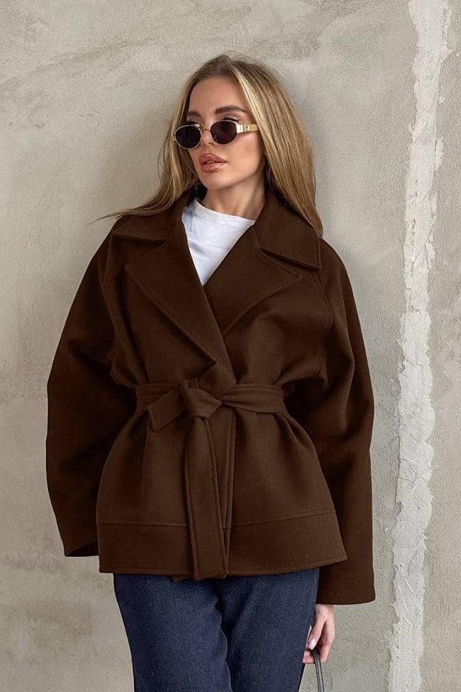 Brown Belted Wool Blend Midi Coat