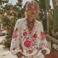 Women's Vintage Rose Floral Linen Long Sleeve T-shirt elevenforest