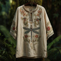 Bohemian Style Three-dimensional Plant, Flower, Dragonfly Embroidery Vintage V-neck Short-sleeved Shirt elevenforest