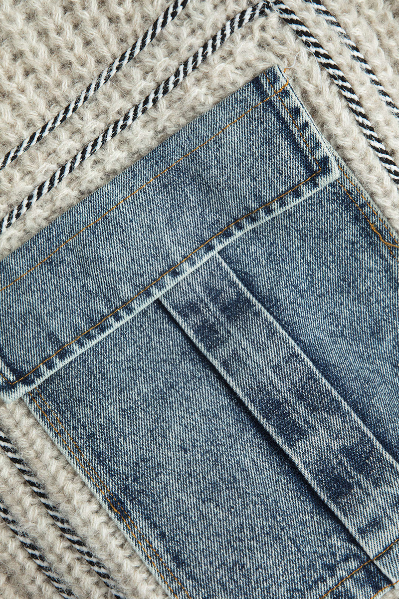 90's Color Denim Patchwork Button Pocket Sweater Cardigan