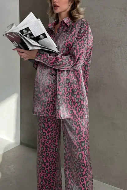 Leopard Print Long-sleeved Top and Loose Elastic Waist Tie Pants Set