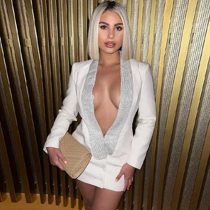 Deep V Neck Hot Drill Mini Dress for Slim Long Sleeve Backless Coats Femme Party High Waist Blazers Woman