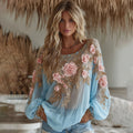 Vintage Pink Flower Embroidered Linen Blend T-shirt elevenforest