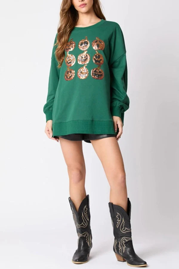 Halloween Pumpkin Sequin Loose Sweatshirt