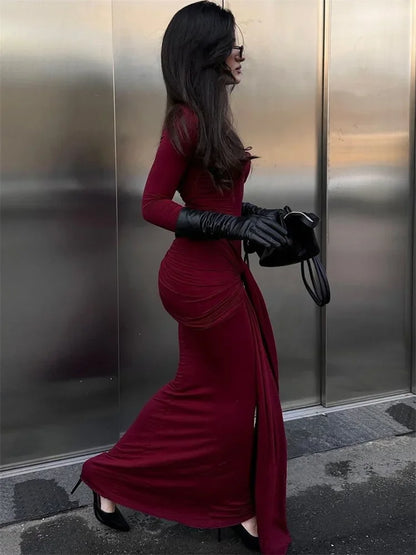 Female Pleated Maxi Dress Patchwork Twist Slim Long Sleeve Y2k Autumn Dress ’s Bodycon Dress
