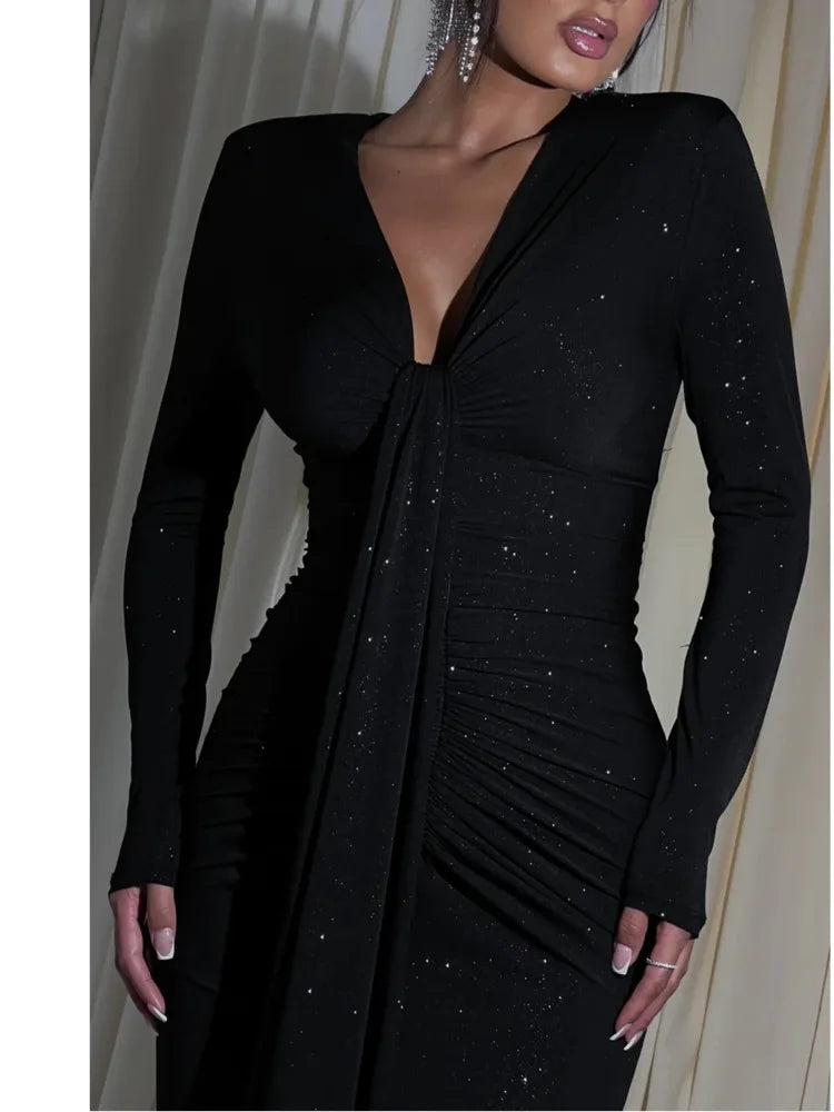 Long Sleeved Lace Up Pleated Evening Dress for Vneck Bodycon Elastic Maxi Dress Female Party Club Vestidos