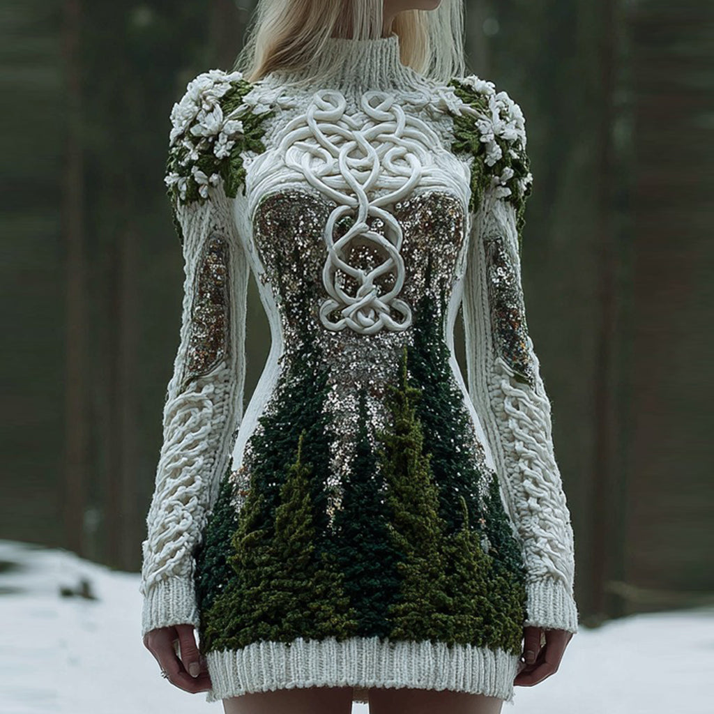 Comstylish Women's Christmas Tree Forest And Floral Celtic Knot Sequins Knit Turtleneck Mini Sweater Dress