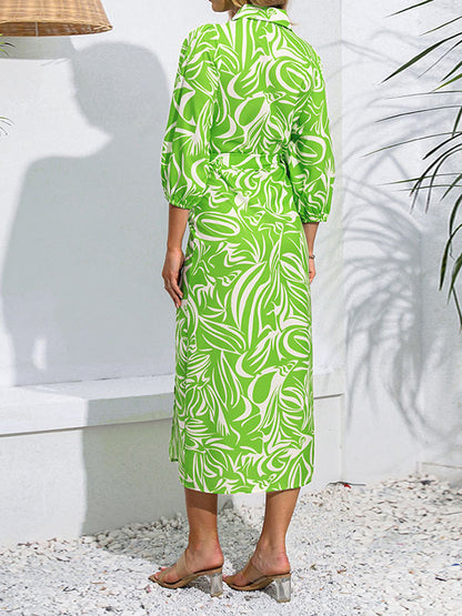 A-line High Waisted Elasticity Printed Tied Waist Lapel Midi Dresses Shirt Dress