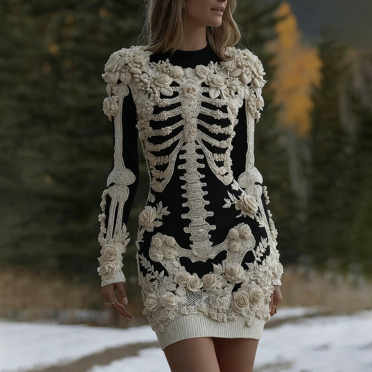 Comstylish Women's Halloween Skeleton Bones With Rose Art Cozy Knit Mini Sweater Dress