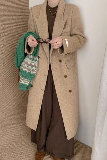 Notched Lapel Double-faced Wool Thickened Long Overcoat