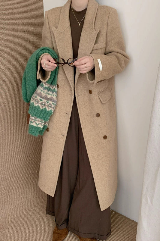 Notched Lapel Double-faced Wool Thickened Long Overcoat