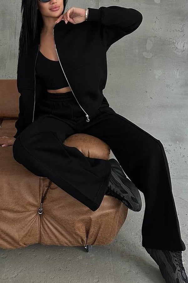 Color Long Sleeve Zipper Jacket and Elastic Waist Pocket Wide Leg Pants Set