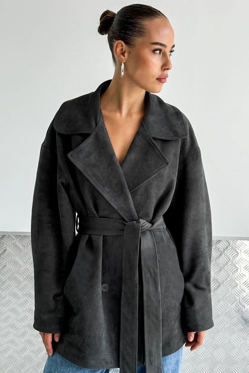 Brown Suede Tie Waist Overcoat