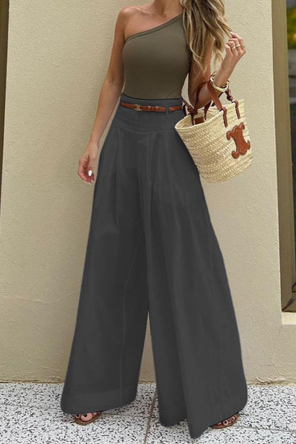 Ruched High-waisted Wide-leg Pants