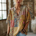 Bohemian Three-dimensional Light-colored Flower Embroidery Golden Powder Vintage V-neck Short-sleeved Shirt elevenforest